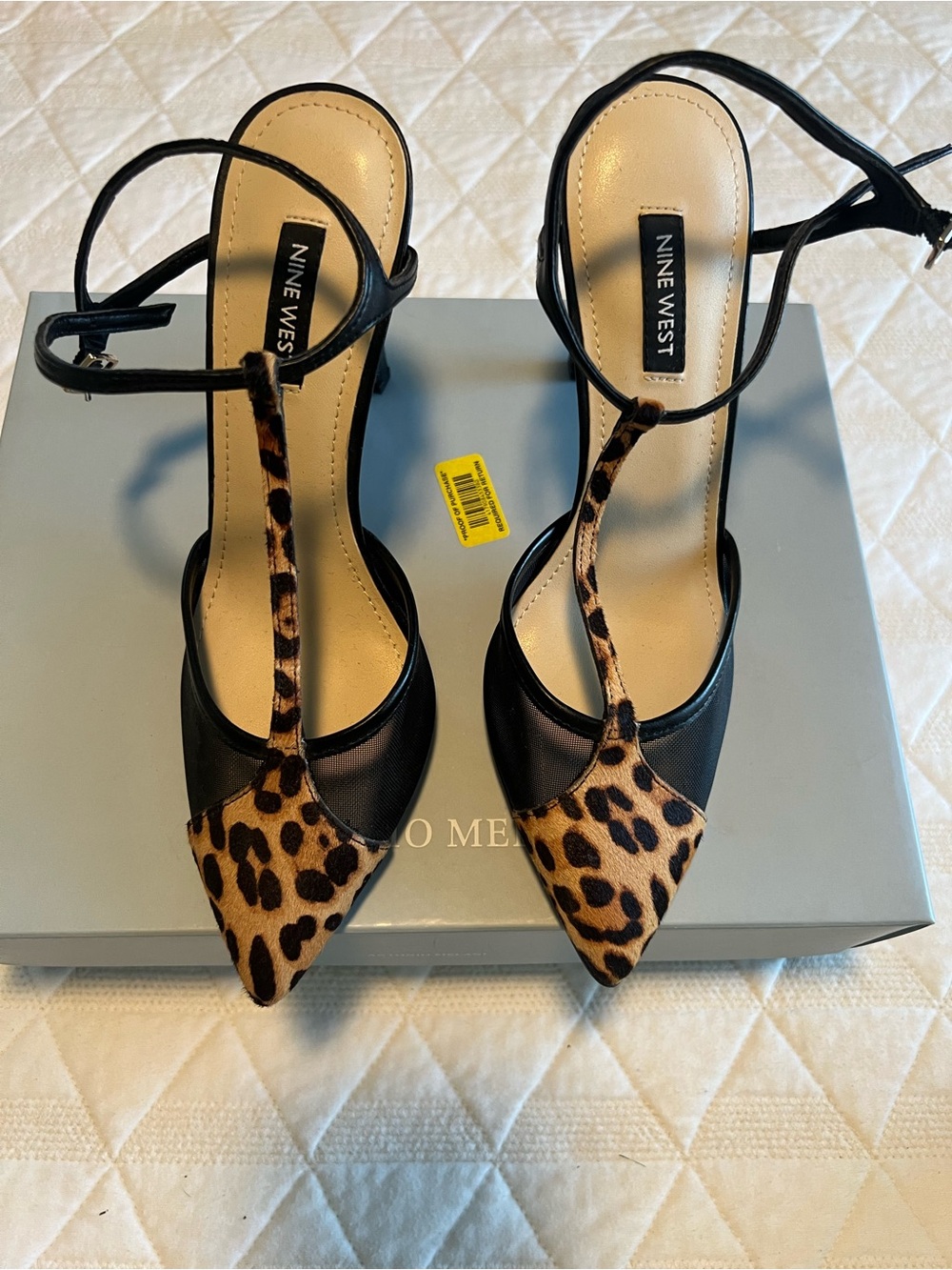 Nine West Leopard Print T-Strap Pointed Toe Heels with Black Trim